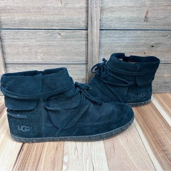 UGG Shoes - UGG Reid Moc Black Suede Booties Leather Details Sheepskin Wool Treadlite Sz 10